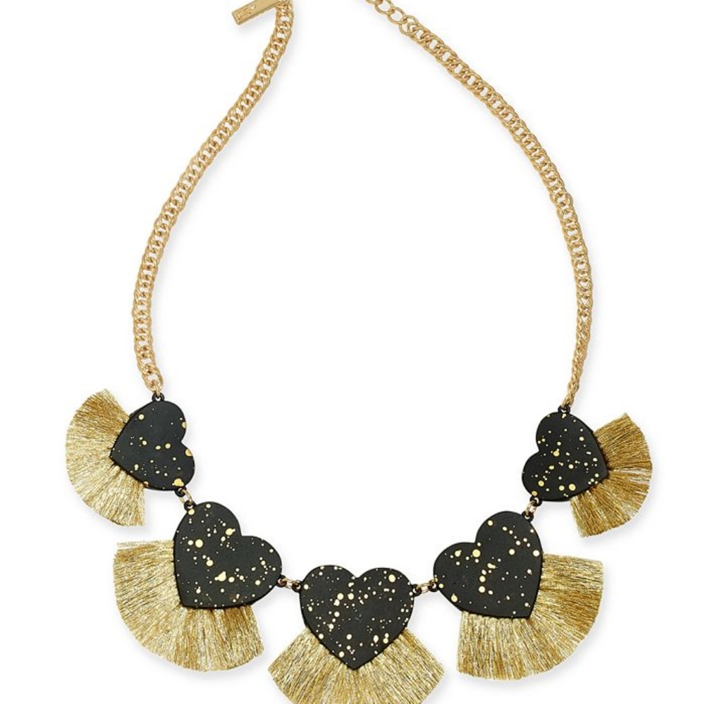 INC heart fringe statement necklace, gold/ black
